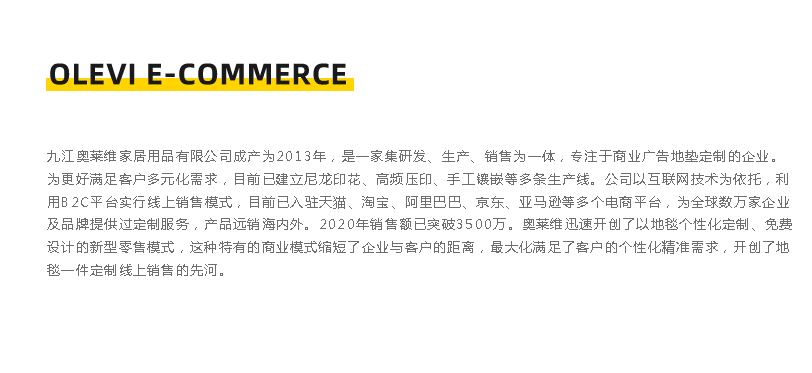 九江奥莱维家居用品有限公司成立于2013年，是一家集硏发、生产、销售为一体，专注于商业广告地垫定制的企业。 为更好满足客户多元化需求，目前已建立尼龙印花、高频压印、手工镶嵌等多条生产线。公司以互联网技术为依托，利 用B2C平台实行线上销售模式，目前已入驻天猫、淘宝、阿里巴巴、京东、亚马逊等多个电商平台，为全球数万家企业 及品牌提供过定制服务，产品远销海内外。2020年销售额已突破3500万。奥莱维迅速开创了以地毯个性化定制、免费 设计的新型零售模式，这种特有的商业模式缩短了企业与客户的距离，最大化满足了客户的个性化精准需求，开创了地 垫一件定制线上销售的先河。